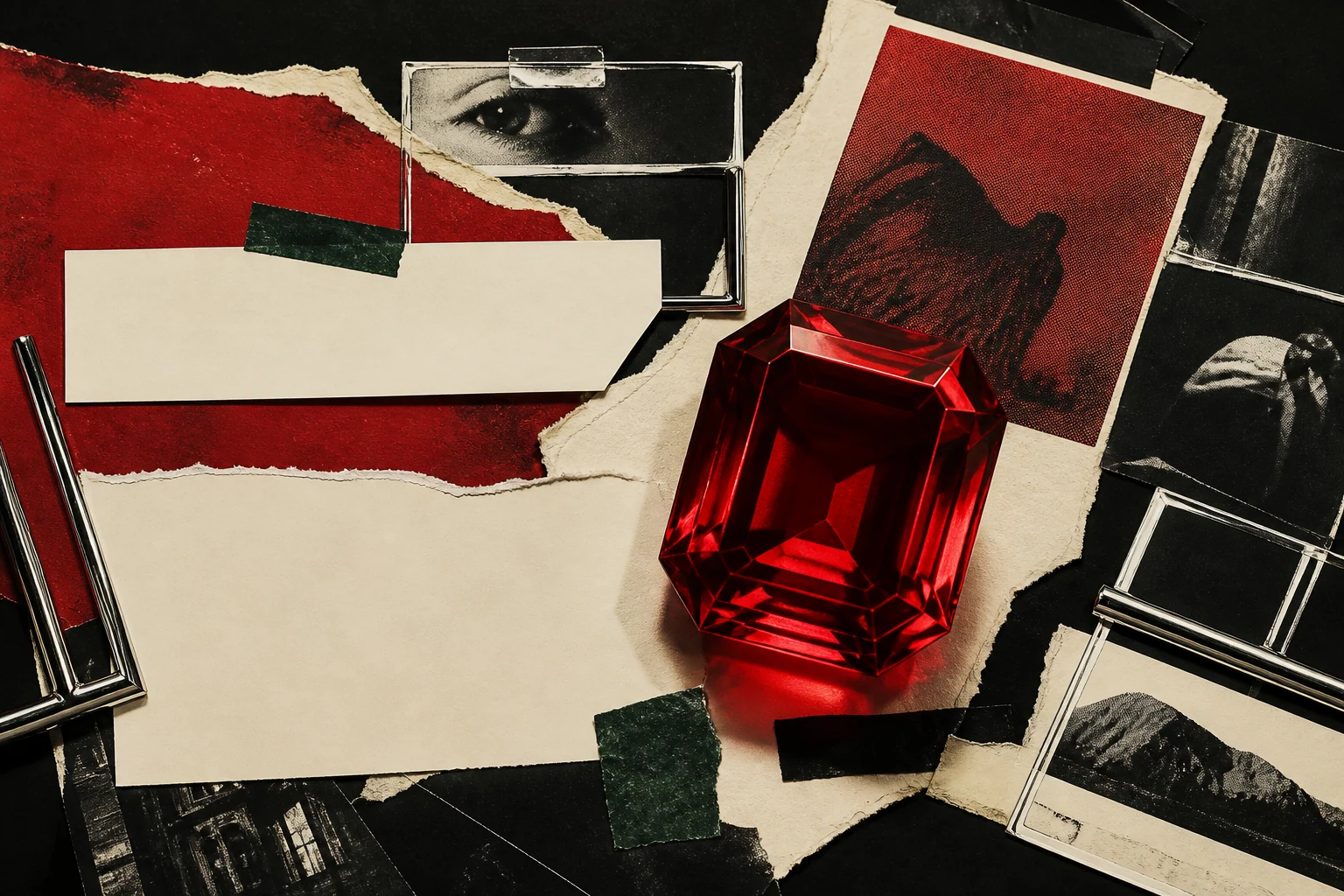 Tactile editorial collage centered on a faceted red gemstone